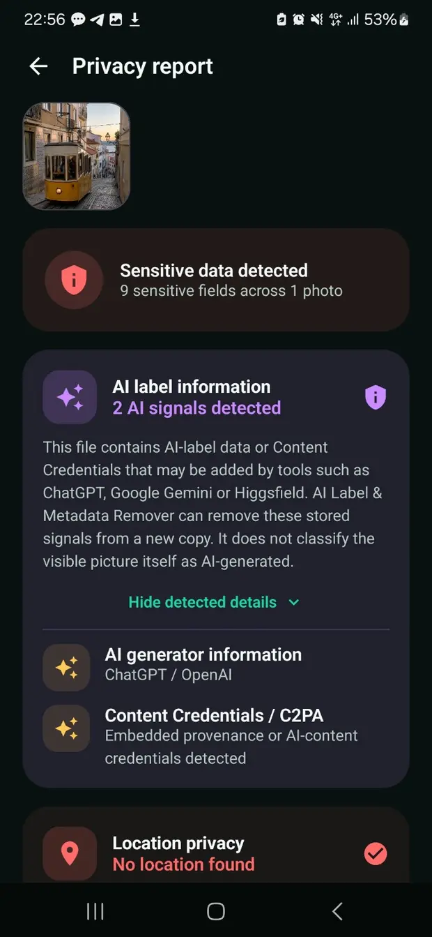Privacy report showing detected AI label data and Content Credentials